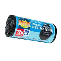 Мешки для мусора 120 л, с ушками, черные, в рулоне 30 шт., ПНД, 15 мкм, 1100х700 мм, Крепак, 4607075710375 в Майкопе